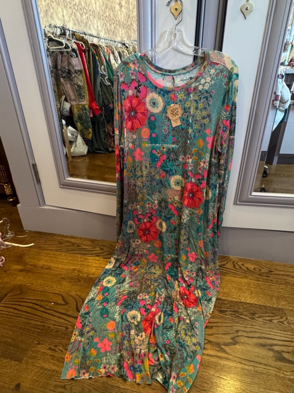 Natural Life Women’s Teal Floral Maxi Dress with Pink Accents